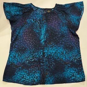 Worthington Petite Teal Blue Flutter Sleeve Ruffled Peacock Blouse Size PL
